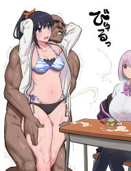 Rule 34 | 1boy, 2girls, absurdres, arms behind head, assisted facial, bikini, black hair, black pantyhose, blank stare, blue eyes, bow, bowtie, breasts, cardigan, clothed female nude male, commentary request, cum, cum on body, cum on desk, cum on food, cum on hair, dark-skinned male, dark skin, desk, ejaculation, facial, gridman universe, hetero, highleg, highleg bikini, highres, jacket, keiichi r18, large breasts, long hair, long sleeves, medium breasts, multiple girls, navel, nude, off shoulder, official alternate costume, official alternate hairstyle, open cardigan, open clothes, orange scrunchie, pantyhose, penis, ponytail, purple bow, purple bowtie, purple hair, purple jacket, red eyes, school desk, school uniform, scrunchie, shinjou akane, shirt, short hair, side-tie bikini bottom, ssss.gridman, sweat, swimsuit, takarada rikka, thigh grab, thigh sex, white background, white cardigan, white shirt
