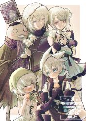 Rule 34 | 2girls, 3boys, :d, ^ ^, arm around shoulder, bandaged arm, bandaged leg, bandaged neck, bandages, blue eyes, blush, book, border, braid, braided hair rings, breasts, brother and sister, closed eyes, closed mouth, commentary request, dual persona, emil (nier), floating, floating book, floating object, flower, green headscarf, grimoire weiss, hair flower, hair ornament, hair rings, headscarf, highres, holding, holding flower, kaine (nier), lingerie, medium breasts, multiple boys, multiple girls, negligee, nier, nier (brother), nier (brother) (post timeskip), nier (brother) (pre timeskip), nier (series), open mouth, outside border, parted bangs, purple scarf, red eyes, scarf, siblings, smile, standing, tsukiakari115, underwear, watermark, white border, white flower, yonah