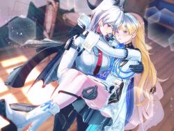 2girls 3d aiguillette ari0futon arms_around_neck black_gloves black_pants blonde_hair blurry blurry_background boots carrying closed_mouth collared_shirt commentary dress earrings gloves hairband hashtag-only_commentary high_heel_boots high_heels highres horns indoors jewelry key_earrings light_particles long_hair multiple_girls necktie pants parted_lips phoebe_(wuthering_waves) princess_carry purple_eyes red_eyes red_necktie shirt smile watermark white_boots white_dress white_hair white_hairband white_shirt wuthering_waves yuri zani_(wuthering_waves)