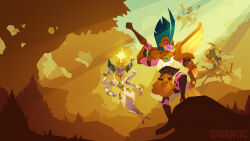 1boy 2017 3girls alexandra_douglass animal antelope arrow_(projectile) beckett bow_(weapon) colored_skin eric_dagley extra_arms flying forest gigantic_(game) goggles gun highres holding holding_bow_(weapon) holding_sword holding_weapon logo monochrome_background multiple_girls nature official_art official_wallpaper partially_colored pink_skin purple_skin shoulder_pads sword tree vadasi voden weapon wooden_bow_(weapon) xandora