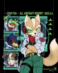 1boy 4boys animal_ears artist_name beak bird_boy buck_teeth closed_mouth commentary_request copyright_name crossed_arms dated english_text falco_lombardi fox_boy fox_ears fox_mccloud fox_tail frog_boy furry furry_male highres male_focus multiple_boys nintendo one_eye_closed open_mouth peppy_hare rabbit_boy rabbit_ears rokuroku72 scouter slippy_toad smile star_fox tail teeth unfinished