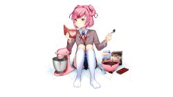 Rule 34 | 1girl, annoyed, baking, batter, blazer, blue skirt, blush, book, box, breasts, brown sweater, button gap, chocolate, collared shirt, commentary, cookbook, doki doki literature club, doki doki literature club, doki doki literature club school uniform, dot nose, dress shirt, elbow rest, english commentary, eyebrows hidden by hair, fingernails, full body, furrowed brow, game cg, grey jacket, hair intakes, hair ornament, hair ribbon, highres, holding, holding book, holding spoon, indoors, jacket, kneehighs, knees up, legs together, long eyelashes, long sleeves, looking to the side, milk carton, miniskirt, mixer (cooking), mixing bowl, natsuki (doki doki literature club), neck ribbon, no shoes, non-web source, official art, on floor, open book, parted bangs, parted lips, pink eyes, pink hair, pleated skirt, promotional art, reading, red ribbon, ribbon, satchely, school uniform, shirt, short hair, sidelocks, simple background, sitting, skirt, small breasts, socks, solo, spoon, straight-on, sweater, thick eyelashes, tile floor, tiles, toes, two side up, v-neck, v-shaped eyebrows, valentine, whisk, white background, white shirt, white socks, wing collar, x hair ornament