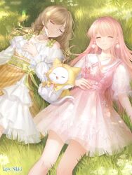 2girls bare_legs blush bobo_(miracle_nikki) brown_hair brown_skirt cat closed_eyes closed_mouth collarbone copyright_name dress earrings game_cg green_ribbon highres jewelry lying miracle_nikki momo_(nikki) multiple_girls nikki_(nikki) nikki_(series) official_art on_grass pink_dress pink_hair ribbon skirt smile snowflake_ornament third-party_source white_dress yellow_cloak