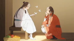 Rule 34 | 2boys, apple, bandaged wrist, bandages, basket, black footwear, boots, brown hair, bug, butterfly, butterfly on hand, chinese clothes, closed eyes, colored eyelashes, corner, crack of light, elbow rest, face-to-face, fingernails, food, from side, fruit, full body, hair bun, hair over shoulder, hair ribbon, hand on own knee, hand rest, hanfu, happy, head on hand, head rest, high ponytail, hua cheng, index finger raised, indoors, insect, laughing, light particles, long hair, long sidelocks, male focus, mandarin collar, multiple boys, open mouth, orange (fruit), outstretched hand, pants, parted bangs, pear, ponytail, profile, red hanfu, red ribbon, red sleeve cuffs, ribbon, san lang, sechi suu, sidelighting, sidelocks, single hair bun, sitting, sitting on table, sleeve cuffs, sleeve slit, squatting, straight hair, sunlight, swept bangs, table, tianguan cifu, twitter username, very long hair, white butterfly, white footwear, white hanfu, white pants, wide sleeves, wispy bangs, wooden table, xie lian