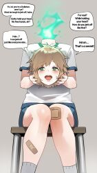 1boy bandaid bandaid_on_knee bandaid_on_leg blue_shorts blue_trim blush bright_pupils brown_hair chair collarbone commentary disembodied_head dullahan english_commentary english_text fire green_eyes green_fire grey_background gym_shirt gym_shorts gym_uniform headless highres holding_detached_head in_(ain) knees_together_feet_apart nervous_sweating open_mouth original parted_bangs school_chair severed_head shirt short_hair shorts sideways_glance simple_background small_sweatdrop socks speech_bubble sweat teeth tongue upper_teeth_only white_pupils white_shirt white_socks
