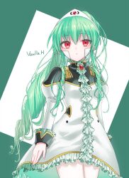 1girl character_name dress drill_hair frilled_dress frills galaxy_angel green_hair hairband highres long_hair long_sleeves looking_at_viewer military_uniform pantyhose ponytail red_eyes ritsu_(r_litsuca) solo two-tone_background vanilla_h white_dress white_pantyhose