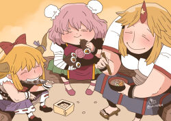 3girls :i bandaged_arm bandages black_shoes blonde_hair blue_skirt bow bowl breasts brown_horns brown_sandals bun_cover chopsticks closed_eyes closed_mouth commentary_request double_bun eating ehoumaki fish_(food) food full_body geta grilled_fish hair_bow hair_bun holding holding_bowl holding_chopsticks horn_bow horn_ornament horns hoshiguma_yuugi ibaraki_kasen ibuki_suika large_breasts log long_hair makizushi masu medium_breasts multiple_girls onikobe_rin parted_bangs pink_hair purple_bow purple_shoes purple_skirt red_bow red_horns red_skirt red_tabard ribbon-trimmed_skirt ribbon_trim sandals setsubun shirt shoes short_hair short_sleeves single_horn skirt smile soup soybean star_(symbol) striped_clothes striped_skirt sushi tabard touhou vertical-striped_clothes vertical-striped_skirt white_shirt yellow_background