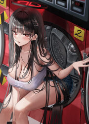 1girl absurdres alternate_costume black_hair black_halo blue_archive blush breasts bright_pupils cleavage commentary denim denim_shorts hair_ornament hairclip halo highres hsxxx huge_breasts long_hair looking_at_viewer red_eyes rio_(blue_archive) shorts solo tank_top thighs very_long_hair washing_machine white_pupils