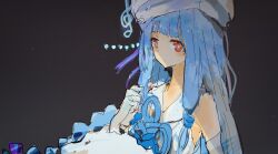 1girl absurdres black_background blue_hair blunt_bangs closed_mouth commentary_request dress elbow_gloves gloves hat highres kabuyama_kaigi kotonoha_aoi light_blush long_hair looking_at_viewer low-tied_sidelocks musical_staff neutrino_(software) red_eyes simple_background sleeveless sleeveless_dress solo upper_body voiceroid white_dress white_gloves white_hat