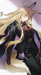 1girl animal_ear_fluff animal_ears arknights black_coat black_jacket black_skirt black_vest blonde_hair braid brown_gloves closed_mouth coat coat_on_shoulders fox_ears fox_girl fox_tail from_side gloves hand_on_own_hip highres jacket looking_ahead manche5ter necktie pleated_skirt red_necktie shirt single_braid skirt solo tail vest vulpisfoglia_(arknights) white_shirt yellow_eyes