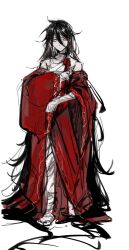 1boy absurdly_long_hair bandaged_arm bandaged_foot bandaged_leg bandaged_neck bandaged_torso bandages barefoot black_hair blood blood_on_arm blood_on_face blood_on_leg blood_on_neck bloody_bandages chinese_clothes chinese_commentary closed_mouth coat coat_partially_removed dao_gui_yi_xian fajiaoshao full_body hair_between_eyes hair_ribbon hanfu highres injury ji_zai li_huowang long_hair looking_at_viewer low-tied_sidelocks male_focus messy_hair naked_coat off_shoulder official_alternate_hair_length official_alternate_hairstyle red_coat red_ribbon ribbon scar scar_on_face sidelocks simple_background sketch solo standing very_long_hair white_background white_eyes wide_sleeves