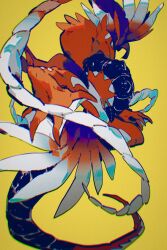 absurdres antennae black_scales chromatic_aberration claws colored_skin colorful fang feather_hair full_body gradient_feathers highres koraidon multicolored_feathers nintendo no_humans pokemon pokemon_(creature) pokemon_focus red_eyes red_skin simple_background skin_fang solo white_scales wulie_errr yellow_background
