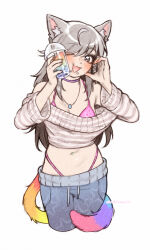 1girl animal_ear_fluff animal_ears armpit_peek artist_name black_eyes blush bra chadolbaegi choker commentary commission cropped_legs cropped_sweater cup disposable_cup drawstring drinking_straw english_commentary eyes_visible_through_hair face_piercing film_grain grey_hair grey_pants grey_sweater hair_over_one_eye hands_up highleg highleg_panties highres holding holding_cup jewelry lgbt_pride lip_piercing long_bangs long_sleeves looking_at_viewer navel navel_piercing necklace off-shoulder_sweater off_shoulder one_eye_closed open_mouth original panties pants panty_straps piercing pink_bra pink_choker pink_panties polka_dot polka_dot_bra print_pants rainbow_tail simple_background smile solo star_(symbol) star_print striped_clothes striped_sweater sweater tail underwear vgen_commission white_background