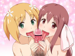 1boy 2girls bar_censor blonde_hair blush brown_eyes brown_hair censored cooperative_fellatio fellatio flower green_eyes group_sex hair_flower hair_ornament hetero licking long_hair looking_at_viewer male_pubic_hair multiple_girls nude okamura_hijiki oral penis pov pubic_hair sakura_trick sonoda_yuu takayama_haruka teamwork_(sexual) threesome tongue tongue_out twintails