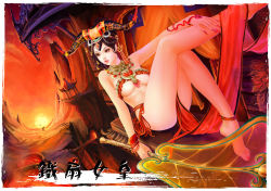 1girl anklet areola_slip bangle bare_legs barefoot black_hair bracelet breasts cleavage cliff female_focus fingernails hair_ornament headdress horns jewelry loincloth long_fingernails long_legs lots_of_jewelry nail_polish necklace original palace parted_lips red_eyes red_theme shawli single_horn sky solo sunlight sunset toenail_polish toenails topless_female underboob