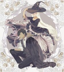 Rule 34 | 1boy, 1girl, alternate costume, ascot, black cape, black dress, black gloves, black hair, black hat, black pants, black shoes, black vest, border, branch, brooch, brown eyes, buttons, cape, closed eyes, collarbone, colored eyelashes, cookie run, cookie run: kingdom, dark-skinned female, dark-skinned male, dark skin, double-breasted, dress, espresso cookie, facing viewer, food, fruit, full body, glasses, gloves, grey background, hair behind ear, hair between eyes, hair over one eye, hand on headwear, hat, humanization, jewelry, korean commentary, latte cookie, light smile, long dress, long hair, looking ahead, mandarin collar, on one knee, ornate border, pants, parted lips, pince-nez, profile, round eyewear, shoes, short hair, side cape, skirt hold, sleeves rolled up, slothm22, spinning, standing, three-quarter sleeves, very long hair, vest, white ascot, white border, white hair, witch hat