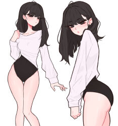 1girl black_eyes black_hair black_leotard collarbone commentary dijor98 earrings english_commentary from_side highres jewelry leotard looking_at_viewer multiple_views original shirt simple_background standing stud_earrings thigh_gap white_background white_shirt
