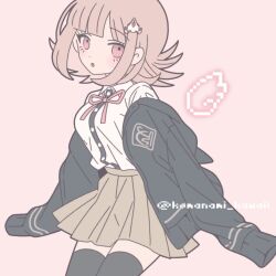 Rule 34 | 1girl, :o, black jacket, black shirt, black thighhighs, breasts, brown hair, brown skirt, danganronpa (series), danganronpa 2: goodbye despair, detached wings, flipped hair, galaga, jacket, komanami kawaii, large breasts, long sleeves, miniskirt, nanami chiaki, open clothes, open jacket, pleated skirt, shirt, skirt, solo, thighhighs, two-tone shirt, white shirt, wings, zettai ryouiki