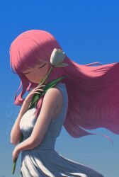 1girl absurdres bare_arms bare_shoulders blue_background breasts closed_eyes closed_mouth dress ellinyse flower from_side highres kirahoshi_aika large_breasts long_hair pink_hair shy_(series) simple_background smile solo watermark white_dress