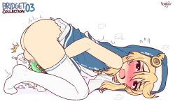 1boy androgyne_symbol artificial_vagina artist_name black_eyes blonde_hair blue_headwear blush bridget_(guilty_gear) censored character_name commentary cross cum english_commentary guilty_gear hair_between_eyes jaggy_lines latin_cross male_focus male_masturbation masturbation mosaic_censoring no_shoes nose_blush open_mouth pongldr sex_toy simple_background solo testicles thighhighs trap trembling wavy_mouth white_background white_thighhighs
