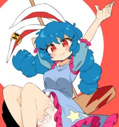 1girl ambiguous_red_liquid animal_ears bloomers blue_dress blue_hair blush blush_stickers closed_mouth crescent_print dress earclip feet_out_of_frame frilled_dress frilled_sleeves frills hair_between_eyes ini_(inunabe00) kine long_hair mallet rabbit_ears red_eyes seiran_(touhou) short_sleeves smile solo star_(symbol) star_print touhou underwear white_bloomers