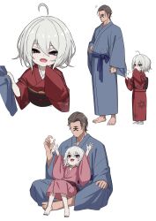 1boy 1girl absurdres age_difference ahoge barefoot brown_hair clothes_tug eha7y fang full_body grey_hair highres husband_and_wife japanese_clothes kimono looking_at_another open_mouth original red_eyes ringed_eyes sharp_teeth short_hair simple_background sitting sitting_on_lap sitting_on_person smile socks teeth