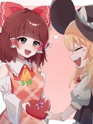 Rule 34 | apron, ascot, black eyes, black hat, black vest, blonde hair, blunt bangs, blush, bow, box, braid, breasts, brown hair, character name, closed eyes, clothes writing, commentary request, cookie (touhou), detached sleeves, frilled bow, frilled hair tubes, frilled shirt collar, frills, hair bow, hair tubes, hakurei reimu, hat, heart, heart-shaped box, kirisame marisa, long hair, looking at another, medium breasts, niu 42, open mouth, pink apron, pink background, puffy short sleeves, puffy sleeves, red bow, red shirt, rurima (cookie), shirt, short sleeves, side braid, sidelocks, single braid, sleeveless, sleeveless shirt, smile, spoken heart, suzu (cookie), touhou, two-tone background, upper body, vest, white background, white shirt, white sleeves, witch hat, yellow ascot