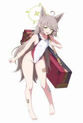 1girl absurdres ahoge barefoot blue_archive breasts commentary_request full_body green_eyes green_halo grey_hair halo highres kuromiz legs long_hair looking_at_viewer open_mouth otogi_(blue_archive) simple_background small_breasts smile solo standing thighs white_background