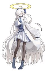 1girl absurdres ahoge belt black_pantyhose blue_archive blue_boots blue_necktie blue_sweater boots coat collared_shirt commentary_request full_body g1_(user_tjwy5444) halo highres long_hair looking_at_viewer malkuth_(blue_archive) necktie open_clothes open_coat pantyhose pleated_skirt shirt skirt sleeves_past_fingers sleeves_past_wrists solo standing sweater transparent_background very_long_hair vest white_coat white_hair white_skirt yellow_eyes
