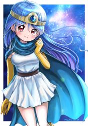 1girl belt blue_cape blue_gemstone blue_hair blush border breasts cape circlet closed_mouth commentary_request dragon_quest dragon_quest_iii dress earrings elbow_gloves feet_out_of_frame gem gloves highres jewelry long_hair looking_at_viewer medium_breasts moyapippi outside_border red_eyes sage_(dq3) sky smile solo star_(sky) starry_sky strapless strapless_dress stud_earrings twitter_username white_border white_dress yellow_gloves