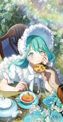 1girl blue_eyes blue_flower blue_hair blue_rose bonnet chair character_request check_character chocolate chocolate_chip_cookie closed_mouth cookie cup dress elbow_rest flower flower_request food frilled_bonnet frilled_dress frilled_sleeves frills gem hand_on_own_cheek hand_on_own_face highres holding holding_cookie holding_food holding_spoon imam_(oozlo) korean_commentary lens_flare lips looking_at_viewer original pale_skin pearl_(gemstone) plant plate pov pov_hands puffy_short_sleeves puffy_sleeves rose saucer short_sleeves smile solo_focus split_mouth spoon table tea teacup teapot tree white_flower