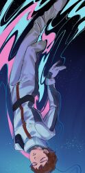 1boy absurdres amuro_ray arms_at_sides aura blue_sky brown_hair char&#039;s_counterattack closed_eyes commentary english_commentary falling full_body gundam highres male_focus mecha_pilot_suit normal_suit_(gundam) parted_lips short_hair sky solo star_(sky) starry_sky upside-down v_icky