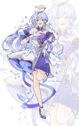1girl absurdres aqua_hair bare_shoulders bird bird_tail bird_wings breasts dress feathered_wings feathers full_body gloves green_eyes hair_between_eyes head_wings high_heels highres honkai:_star_rail honkai_(series) jewelry long_hair looking_at_viewer medium_breasts musical_note reika_(reikadraws) robin_(honkai:_star_rail) smile strapless strapless_dress tail thighs twitter_username white_dress white_gloves wings