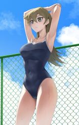1girl armpits arms_up blonde_hair blue_one-piece_swimsuit breasts cloud cloudy_sky collarbone commentary covered_navel day expressionless fence long_hair looking_to_the_side one-piece_swimsuit outdoors rourou_ill school_swimsuit sky solo swimsuit tenjouin_asuka wet yellow_eyes yu-gi-oh! yu-gi-oh!_gx