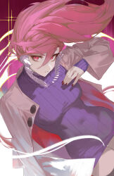 1girl absurdres acrobatic_silky_(dandadan) coat cowboy_shot dandadan darr1o dutch_angle floating_hair hair_between_eyes highres long_hair long_hair_between_eyes looking_at_viewer mask mouth_mask pink_hair purple_coat purple_sweater red_eyes red_nails shiratori_aira_(dandadan) solo sweater thighhighs turtleneck zettai_ryouiki