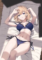 1girl bikini blonde_hair blue_bra blue_eyes blue_panties bra breasts commentary_request commission feet_out_of_frame from_above highres linea_alba lying mashita_(kuzsat) medium_breasts medium_hair navel on_back on_bed original panties parted_lips pillow side-tie_bikini_bottom solo stomach swimsuit underwear
