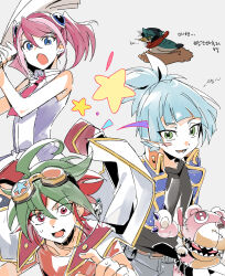 1girl 2boys 3_ma_me bare_shoulders bird black_shirt blue_eyes blue_hair blue_jacket duck duel_monster frightfur_bear green_eyes green_hair high_ponytail highres hiiragi_yuzu jacket jacket_on_shoulders kurosaki_shun_(yu-gi-oh!) light_blue_hair long_hair medium_hair multiple_boys open_clothes open_jacket orange_shirt pink_hair ponytail red_eyes red_hair red_skirt sakaki_yuya shirt shiun&#039;in_sora simple_background skirt twintails white_background white_jacket yu-gi-oh! yu-gi-oh!_arc-v