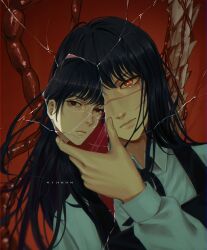 2girls absurdres artist_name black_hair black_ribbon blood chainsaw_man crack cracked_glass cross_scar different_reflection dress facial_scar fourth_east_high_school_uniform highres intestines long_hair looking_at_viewer mitaka_asa multiple_girls neck_ribbon nthndn pinafore_dress red_background red_eyes reflection ribbon ringed_eyes scar scar_on_cheek scar_on_face school_uniform sleeveless sleeveless_dress spine sweat twintails yoru_(chainsaw_man)