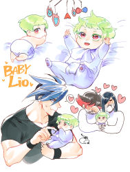 4boys age_regression aged_down ascot baby bae_(baebae) black_shirt blush fire galo_thymos green_hair gueira heart highres lio_fotia meis_(promare) mobile multiple_boys onesie promare purple_eyes shirt spoken_heart t-shirt wavy_mouth