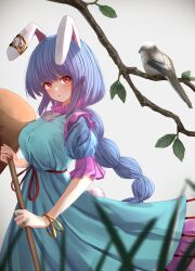 1girl animal_ears bangle bird blue_dress blue_hair blush bracelet braid branch breasts cowboy_shot dress earclip grey_background highres holding holding_mallet jewelry kine large_breasts long_hair looking_at_viewer mallet parted_lips rabbit_ears rabbit_girl rabbit_tail red_eyes seiran_(touhou) short_sleeves tail teruteru12 touhou