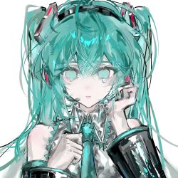 Rule 34 | 1girl, absurdres, aqua eyes, aqua hair, bare shoulders, black sleeves, chinese commentary, closed mouth, collared shirt, commentary request, crying, crying with eyes open, detached sleeves, dot nose, grey shirt, hair between eyes, hair ornament, hand in own hair, hatsune miku, headphones, headset, highres, lace, lace-trimmed shirt, lace trim, light blush, light frown, lipstick, long hair, long sleeves, makeup, niangao89305, pink lips, sad, shirt, simple background, sleeveless, sleeveless shirt, solo, straight-on, teardrop, tears, twintails, upper body, very long hair, vocaloid, white background, wiping tears