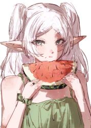 1girl alternate_costume bare_arms bare_shoulders blush double-parted_bangs dress elf food food_on_face frieren fruit green_dress green_eyes green_scrunchie highres holding holding_food holding_fruit holding_watermelon licking_lips long_hair looking_at_viewer moku_(muooku) pointy_ears scrunchie sidelocks sleeveless sleeveless_dress solo sousou_no_frieren tongue tongue_out twintails upper_body watermelon wrist_scrunchie