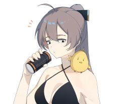 1girl ahoge azur_lane baby_animal bare_shoulders bikini bird black_bikini black_eyes breasts brown_hair can chick cleavage closed_mouth criss-cross_halter drink_can hair_between_eyes halterneck hand_up hatski.sin high_ponytail highres holding holding_can jean_bart_(azur_lane) long_hair looking_down manjuu_(azur_lane) medium_breasts ponytail simple_background solo swimsuit upper_body white_background
