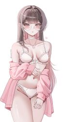 1girl absurdres among_us blush bra breasts brown_hair chaisia_art choker collarbone colored_inner_hair commentary english_commentary frilled_bra frilled_panties frills green_eyes groin hair_between_eyes hair_ornament hairpin heart highres jacket jewelry lingerie lips long_hair medium_breasts michi_(chaisia_art) multicolored_hair necklace off_shoulder original paid_reward_available panties pink_(among_us) pink_hair pink_jacket pink_nails round_eyewear simple_background solo thighhighs underwear very_long_hair white_background white_choker