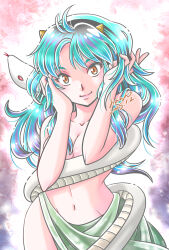 1girl 2025 aononmi bare_arms black_hair blue_hair breasts cleavage closed_mouth dated floating_hair green_skirt groin highres horns long_hair looking_at_viewer lum medium_breasts multicolored_hair navel orange_eyes signature skirt smile snake standing topless_female urusei_yatsura very_long_hair white_snake