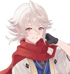 1boy absurdres black_gloves blush closed_mouth fire_emblem fire_emblem_fates fire_emblem_heroes gloves grey_hair hair_between_eyes highres japanese_clothes kimono long_hair looking_at_viewer male_corrin_(fire_emblem) male_corrin_(new_year)_(fire_emblem) n_54 new_year nintendo pointy_ears red_eyes red_scarf scarf short_hair simple_background smile upper_body white_background white_hair