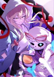 Rule 34 | 1boy, 1girl, absurdres, blonde hair, blue eyes, cosplay, costume switch, crossover, dress, gap (touhou), hair ribbon, hands in pockets, hat, highres, hood, hoodie, long hair, long sleeves, mob cap, mole, mole under eye, purple tabard, ribbon, rinkaito1231, sans (undertale), sans (undertale) (cosplay), shirt, shorts, skeleton, smile, tabard, touhou, touhou danmaku kagura, undertale, white dress, white shirt, yakumo yukari, yakumo yukari (cosplay), yellow eyes