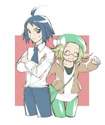 1boy 1girl ahoge bianca_(pokemon) cheren_(pokemon) clenched_hand closed_eyes collarbone collared_shirt cropped_legs crossed_arms green_hat hat highres necktie nintendo pokemon pokemon_bw2 shirt smile sunny_(gogo18)