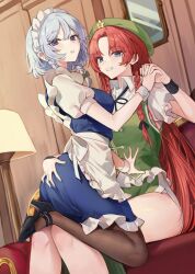 2girls apron black_pantyhose blue_eyes blue_hair braided_sidelock breasts dress frilled_dress frills hat high_heels highres hong_meiling izayoi_sakuya long_hair looking_at_viewer maid maid_apron maid_headdress medium_breasts medium_hair multiple_girls open_mouth pantyhose purple_eyes red_hair sarukana shoes sitting sitting_on_person tam_o&#039;_shanter teeth touhou very_long_hair vest wrist_cuffs