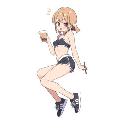 Rule 34 | 1girl, :d, bare arms, bare shoulders, black shoes, black shorts, breasts, brown hair, bubble tea, commentary request, cup, disposable cup, dolphin shorts, drinking straw, full body, hair bobbles, hair ornament, hatsunatsu, holding, holding cup, looking at viewer, low twintails, navel, no socks, notice lines, open mouth, red eyes, shoes, short shorts, short twintails, shorts, simple background, small breasts, smile, solo, twintails, white background, xiaoyuan (you can eat the girl), you can eat the girl